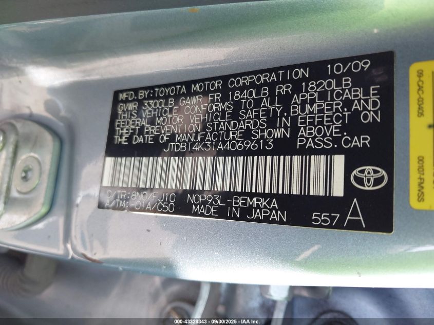 2010 Toyota Yaris VIN: JTDBT4K31A4069613 Lot: 43329343