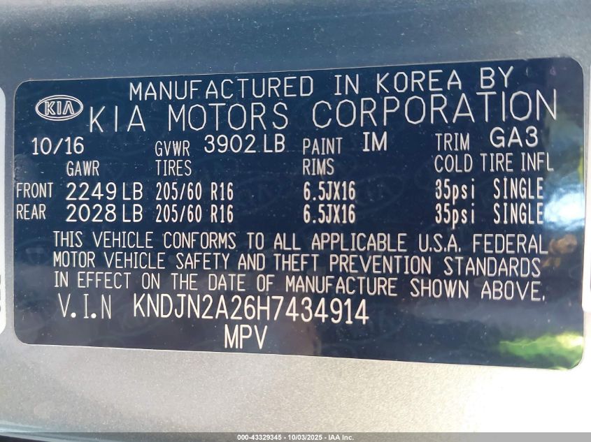 2017 Kia Soul VIN: KNDJN2A26H7434914 Lot: 43329345