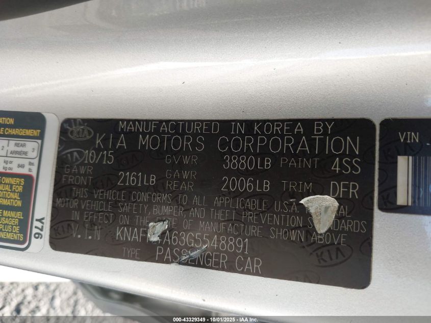 2016 Kia Forte Lx VIN: KNAFK4A63G5548891 Lot: 43329349