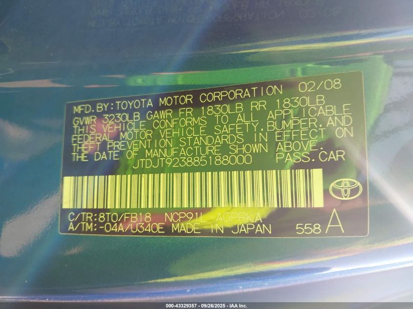 2008 Toyota Yaris VIN: JTDJT923885188000 Lot: 43329357