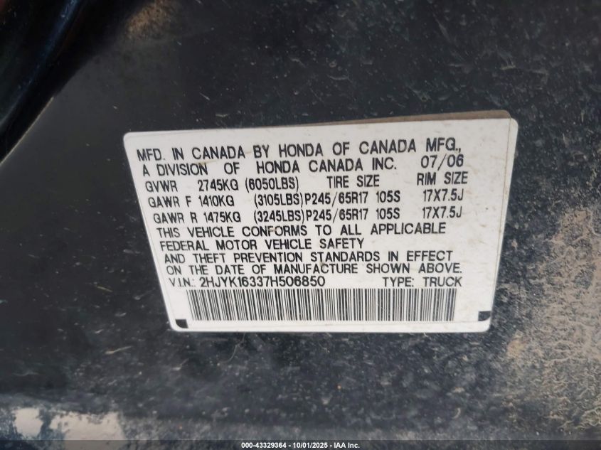 2007 Honda Ridgeline Rtx VIN: 2HJYK16337H506850 Lot: 43329364