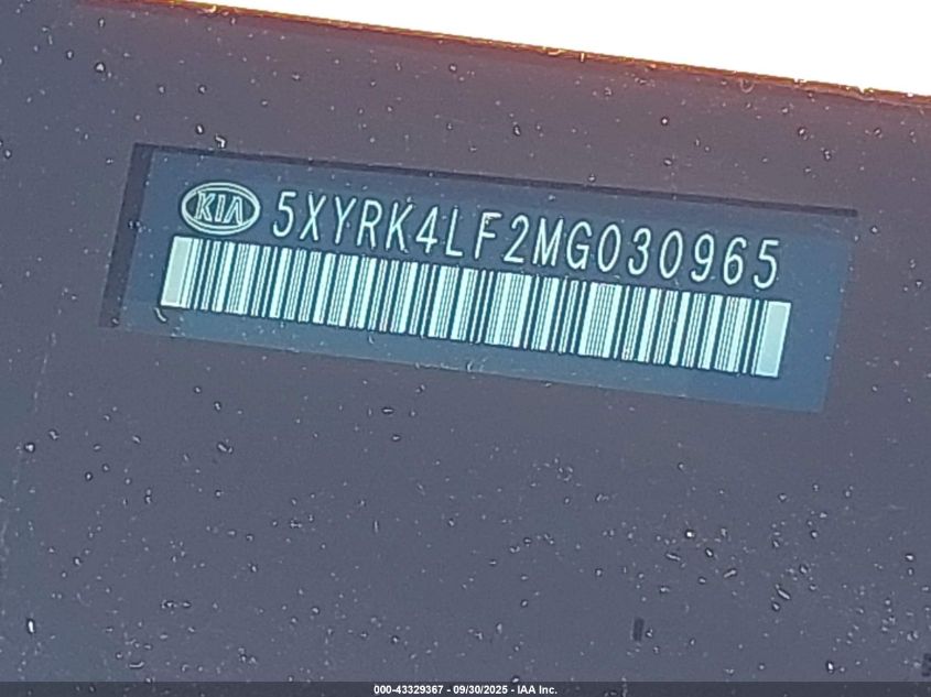 2021 Kia Sorento Sx VIN: 5XYRK4LF2MG030965 Lot: 43329367