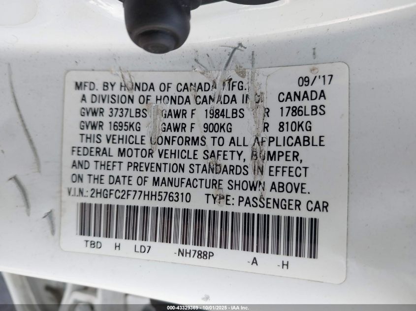 2017 Honda Civic Ex VIN: 2HGFC2F77HH576310 Lot: 43329369