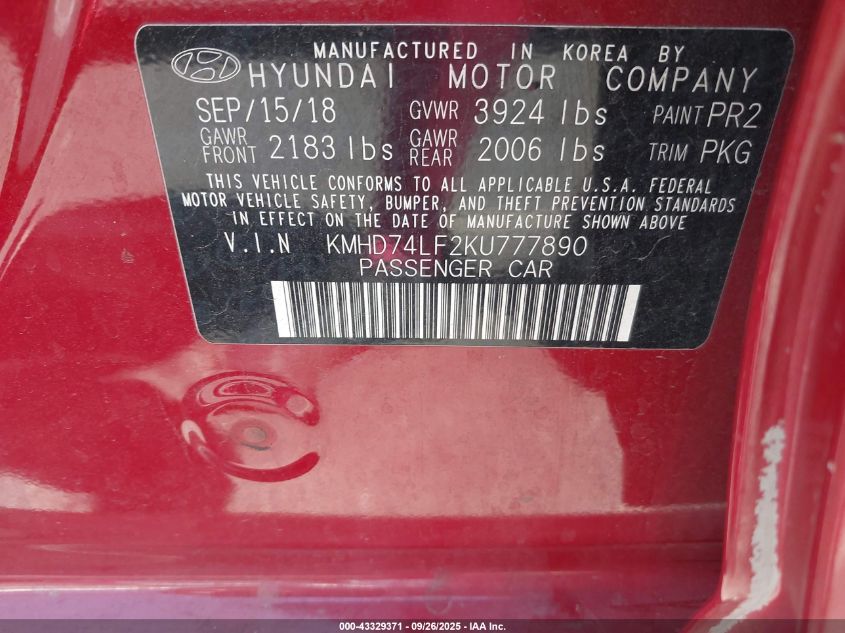 2019 Hyundai Elantra Se VIN: KMHD74LF2KU777890 Lot: 43329371
