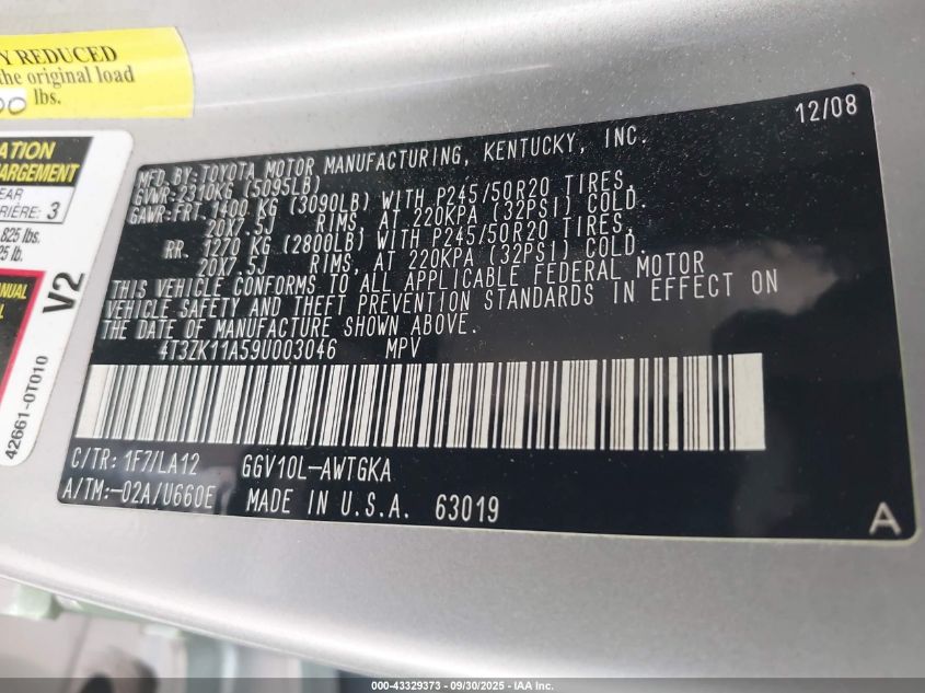 2009 Toyota Venza Base V6 VIN: 4T3ZK11A59U003046 Lot: 43329373