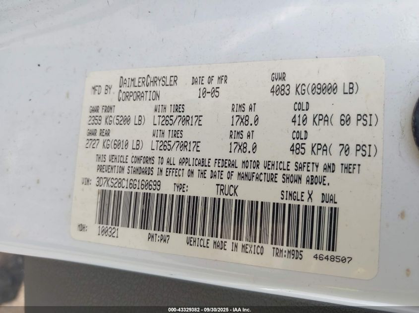 2006 Dodge Ram 2500 Slt/Sport VIN: 3D7KS28C16G160699 Lot: 43329382