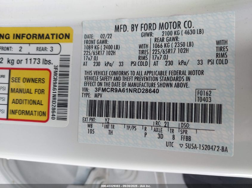 2022 Ford Bronco Sport VIN: 3FMCR9A61NRD28640 Lot: 43329383