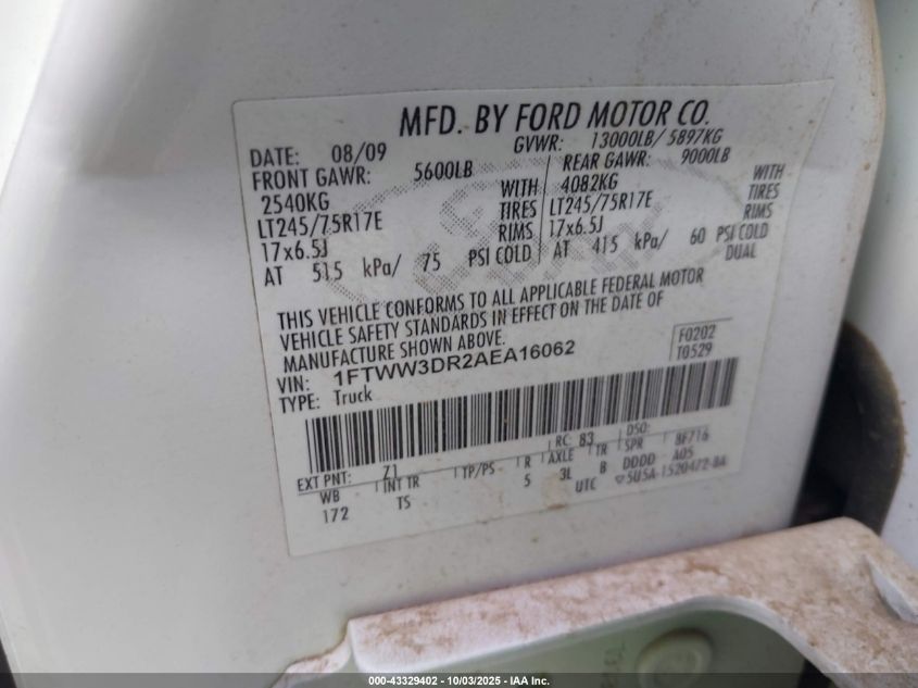 2010 Ford F-350 King Ranch/Lariat/Xl/Xlt VIN: 1FTWW3DR2AEA16062 Lot: 43329402