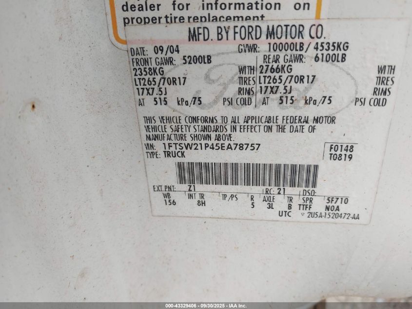 2005 Ford F-250 VIN: 1FTSW21P45EA78757 Lot: 43329406