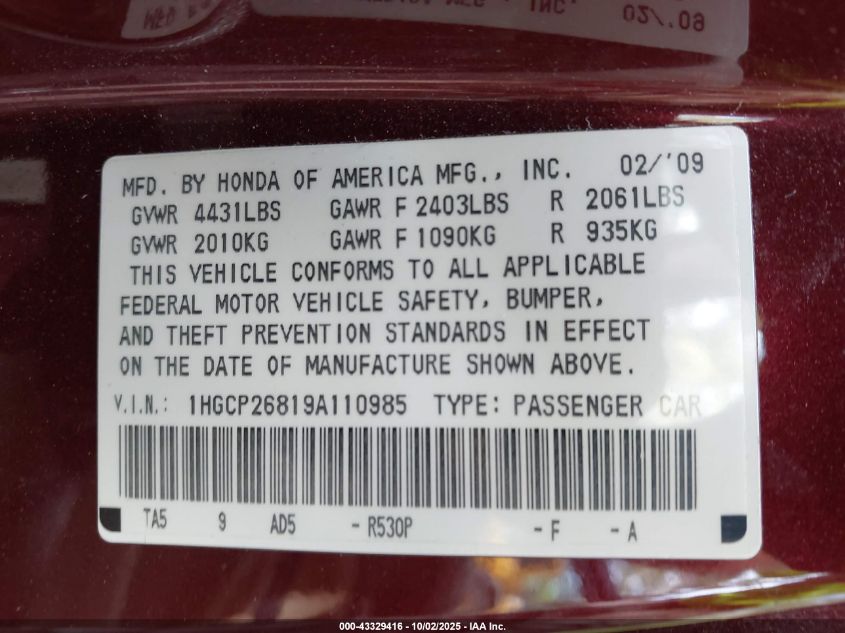 2009 Honda Accord 2.4 Ex-L VIN: 1HGCP26819A110985 Lot: 43329416