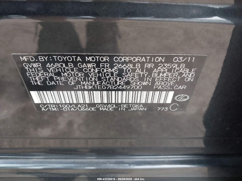 2011 Lexus Es 350 VIN: JTHBK1EG7B2449700 Lot: 43329418