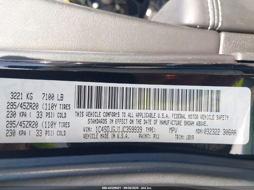 2018 Dodge Durango Srt Awd VIN: 1C4SDJGJ1JC359939 Lot: 43329421