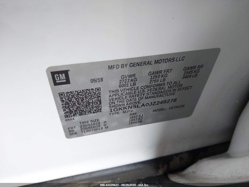 2018 GMC Acadia Sle-2 VIN: 1GKKNSLA0JZ249278 Lot: 43329423