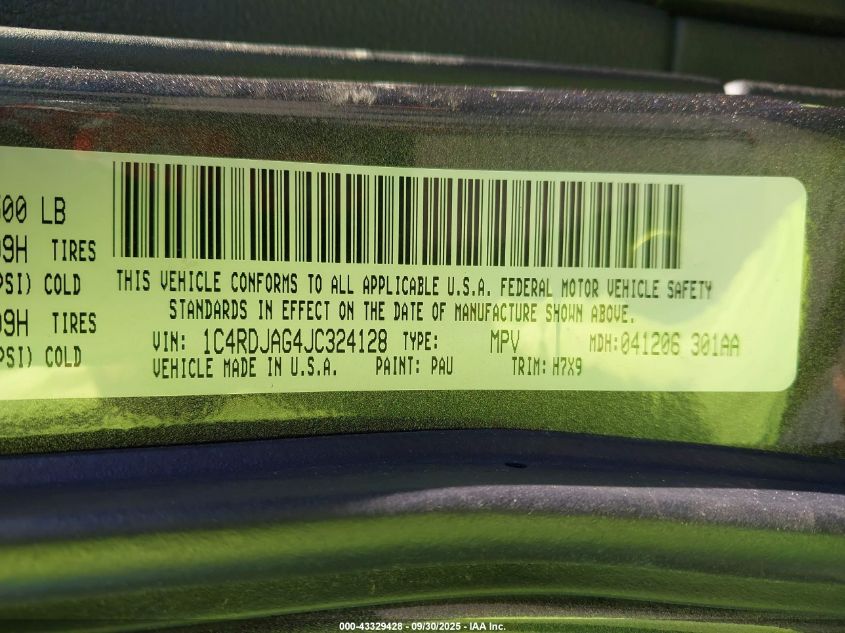 2018 Dodge Durango Sxt Awd VIN: 1C4RDJAG4JC324128 Lot: 43329428