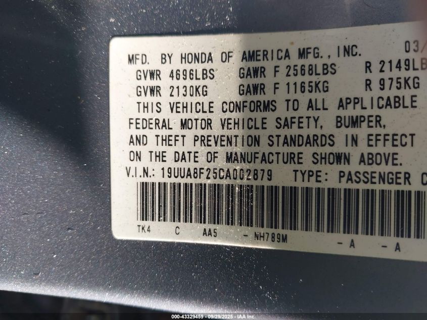 2012 Acura Tl 3.5 VIN: 19UUA8F25CA002879 Lot: 43329459