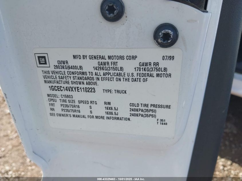 2000 Chevrolet Silverado 1500 VIN: 1GCEC14VXYE110223 Lot: 43329463