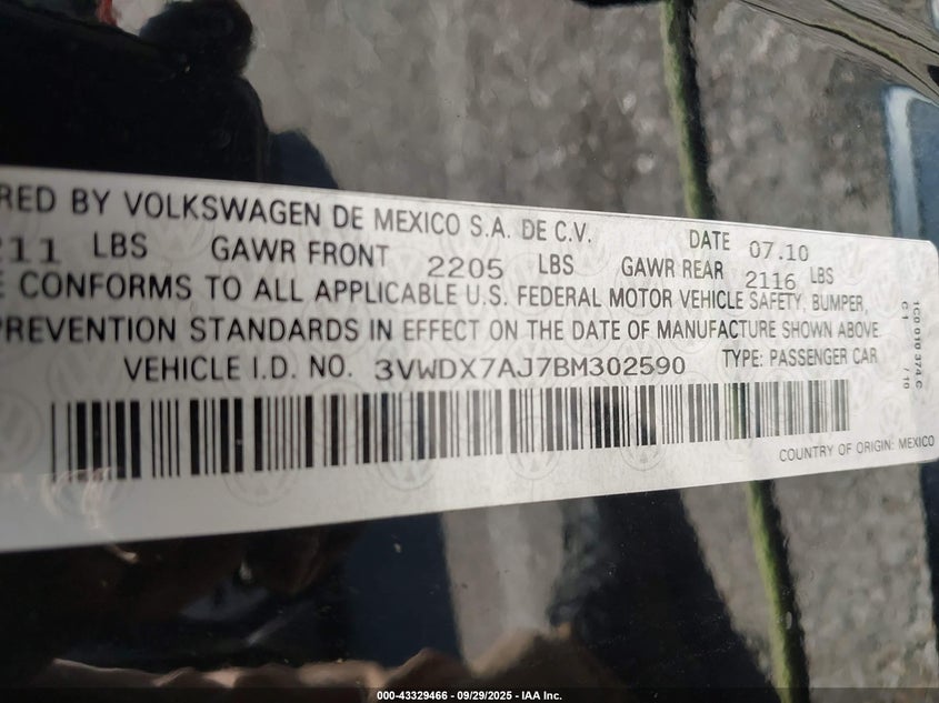 2011 Volkswagen Jetta 2.5L Se VIN: 3VWDX7AJ7BM302590 Lot: 43329466