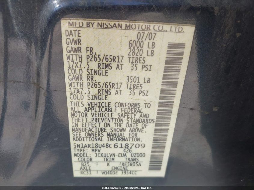 2008 Nissan Pathfinder Le VIN: 5N1AR18U48C618709 Lot: 43329486