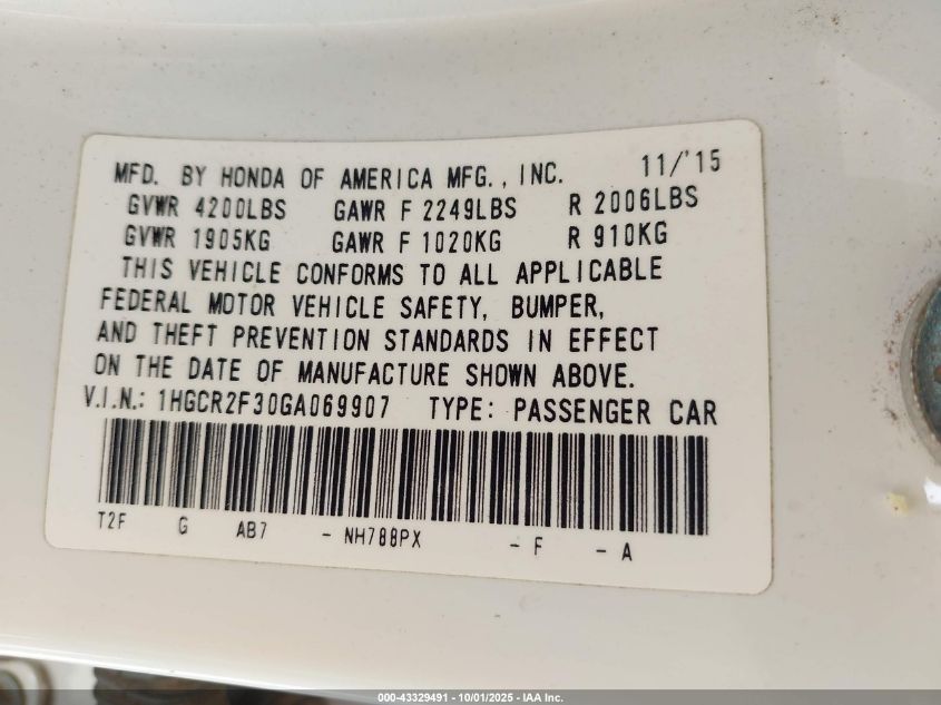 2016 Honda Accord Lx VIN: 1HGCR2F30GA069907 Lot: 43329491
