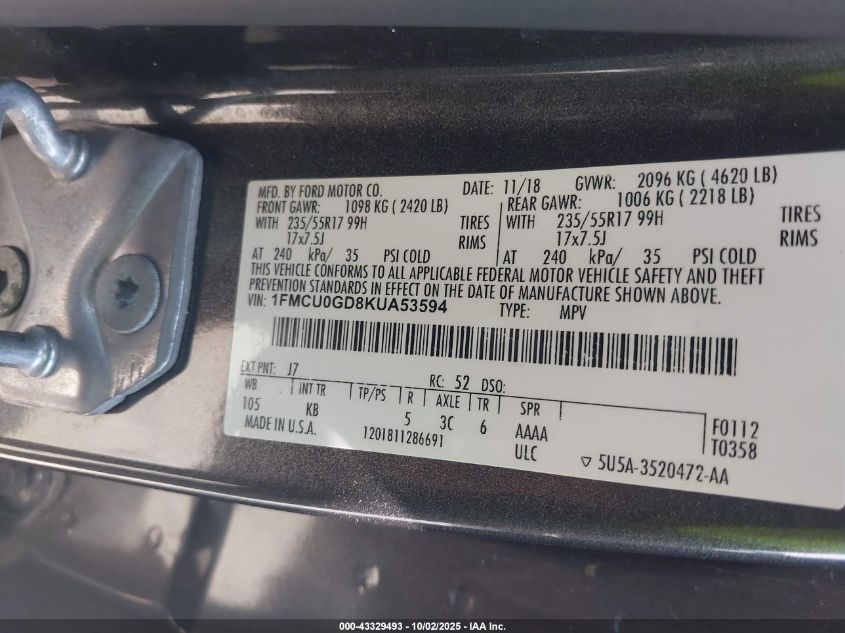 2019 Ford Escape Se VIN: 1FMCU0GD8KUA53594 Lot: 43329493