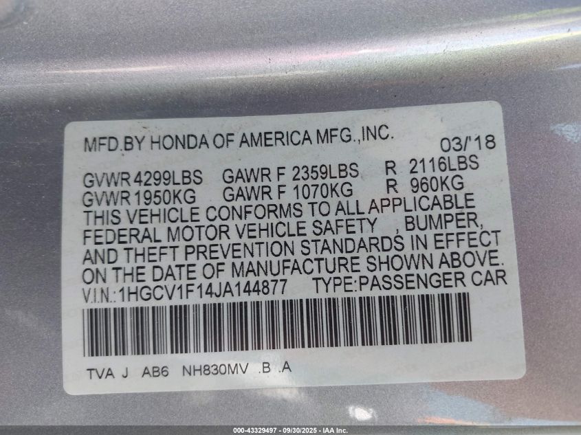 2018 Honda Accord Lx VIN: 1HGCV1F14JA144877 Lot: 43329497