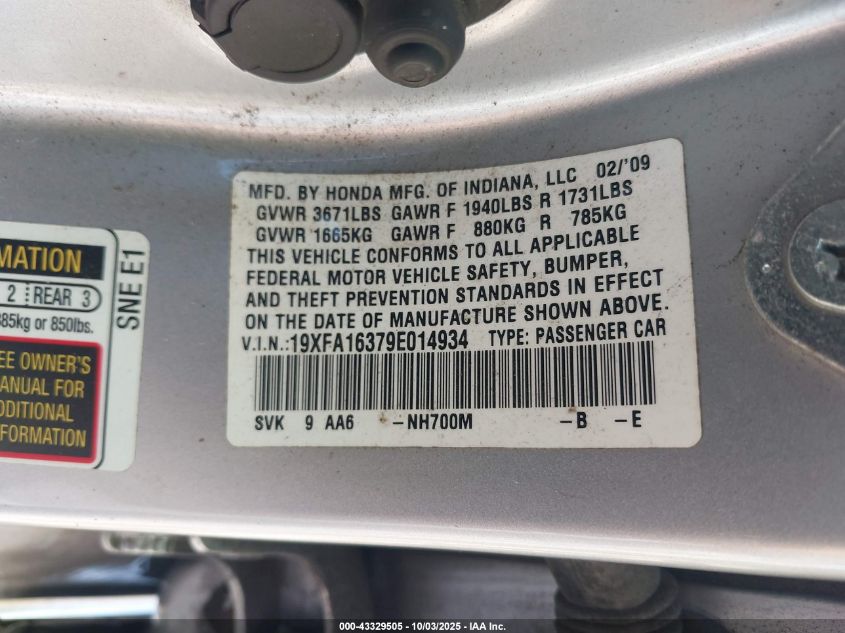 2009 Honda Civic Vp VIN: 19XFA16379E014934 Lot: 43329505