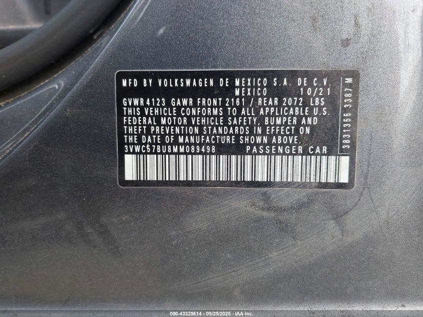 2021 Volkswagen Jetta 1.4T R-Line/1.4T S/1.4T Se VIN: 3VWC57BU8MM089498 Lot: 43329514