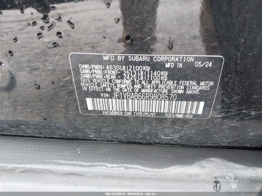 2024 Subaru Wrx VIN: JF1VBAB66R9808570 Lot: 43329516