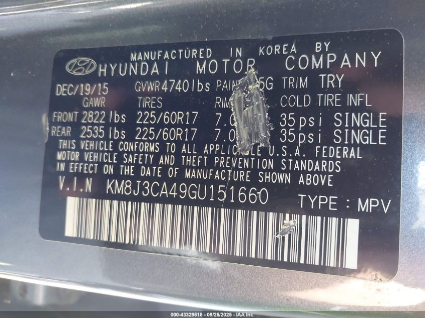 2016 Hyundai Tucson Se VIN: KM8J3CA49GU151660 Lot: 43329518