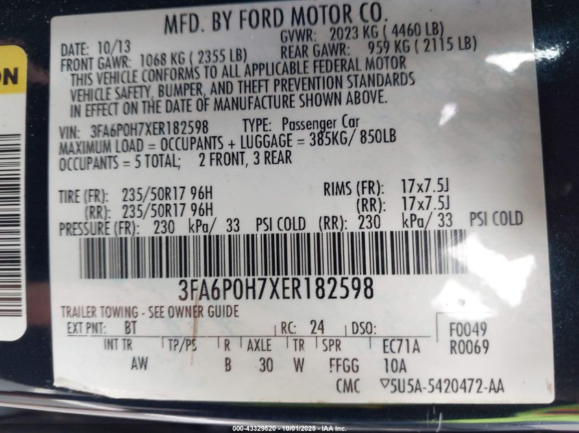 2014 Ford Fusion Se VIN: 3FA6P0H7XER182598 Lot: 43329520