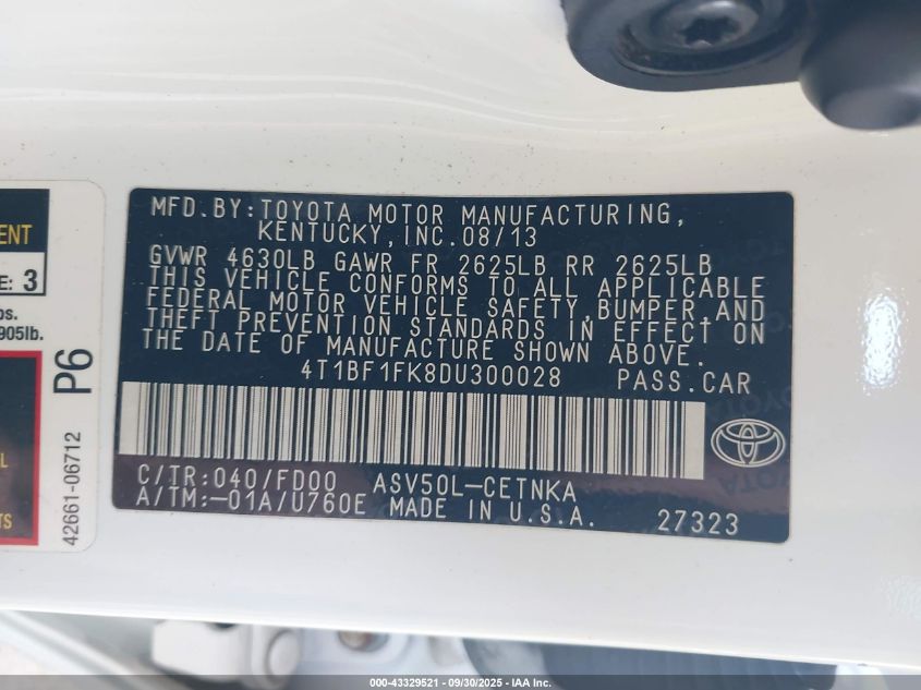 2013 Toyota Camry Le VIN: 4T1BF1FK8DU300028 Lot: 43329521