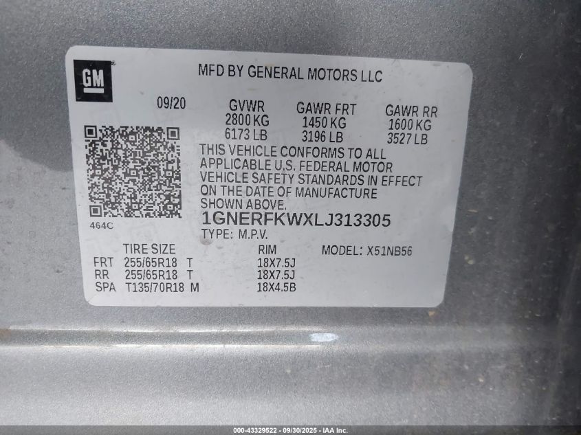 2020 Chevrolet Traverse Fwd Ls VIN: 1GNERFKWXLJ313305 Lot: 43329522