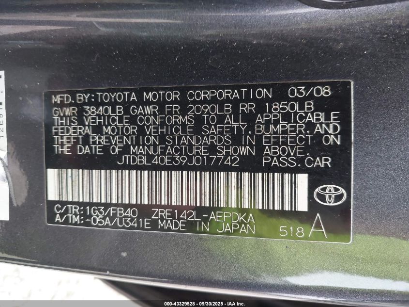 2009 Toyota Corolla Le VIN: JTDBL40E39J017742 Lot: 43329528