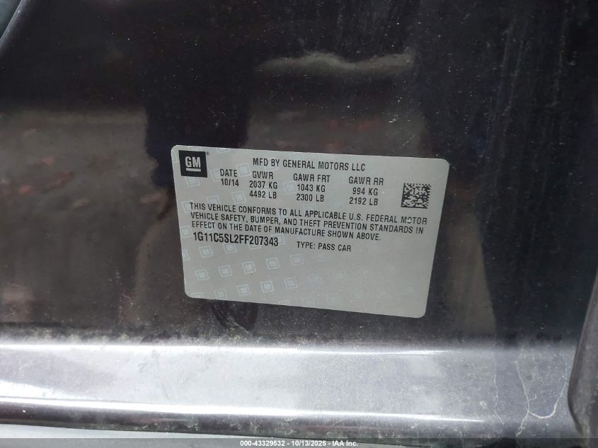 2015 Chevrolet Malibu 1Lt VIN: 1G11C5SL2FF207343 Lot: 43329532