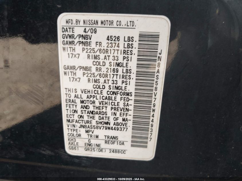 2009 Nissan Rogue Sl VIN: JN8AS58V79W449377 Lot: 43329533