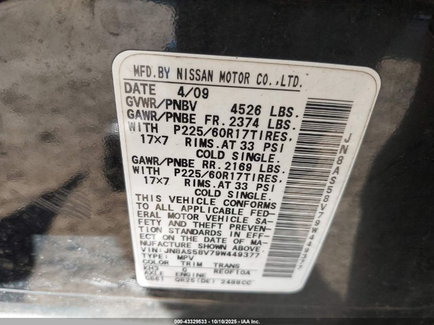 2009 Nissan Rogue Sl VIN: JN8AS58V79W449377 Lot: 43329533