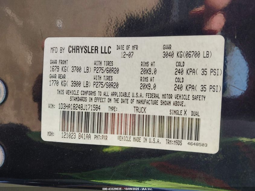 2008 Dodge Ram 1500 Slt VIN: 1D3HA18248J171584 Lot: 43329535