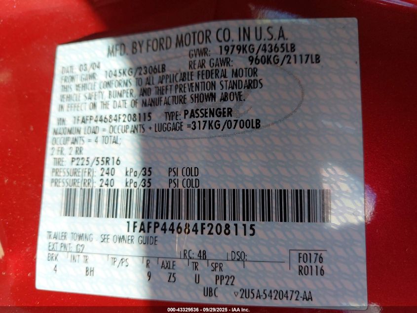 2004 Ford Mustang VIN: 1FAFP44684F208115 Lot: 43329536