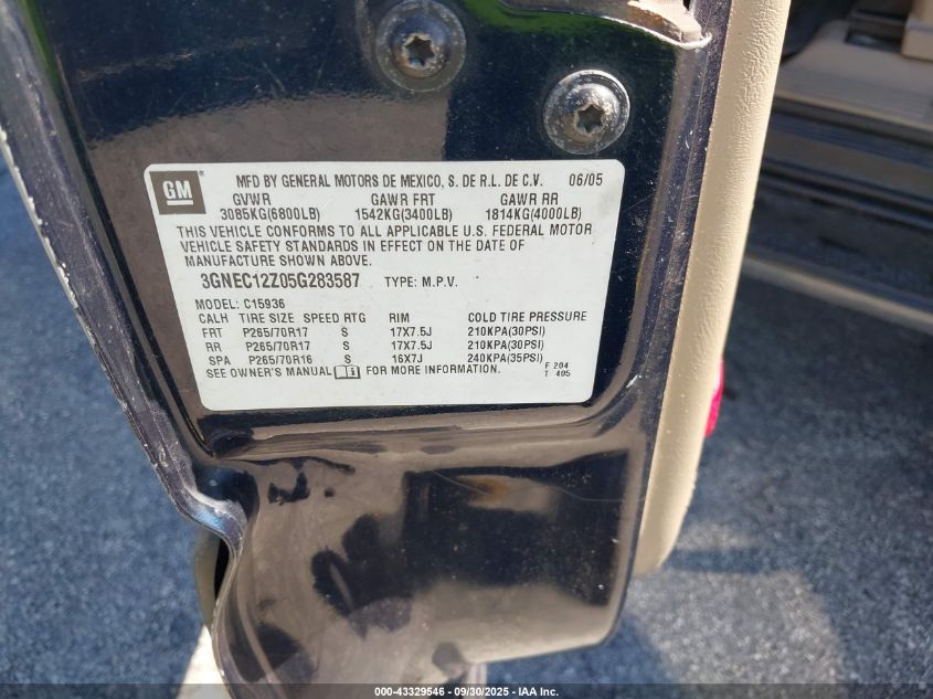 2005 Chevrolet Avalanche 1500 Z66 VIN: 3GNEC12Z05G283587 Lot: 43329546