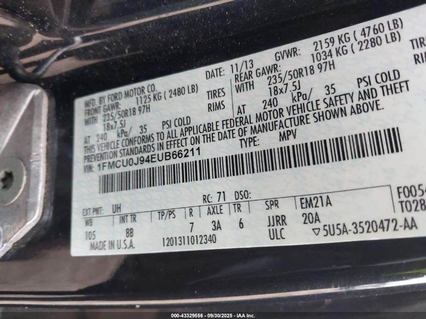 2014 Ford Escape Titanium VIN: 1FMCU0J94EUB66211 Lot: 43329556