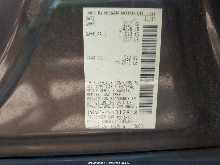 2016 Nissan Altima VIN: 1N4AL3AP4GN312818 Lot: 43329562