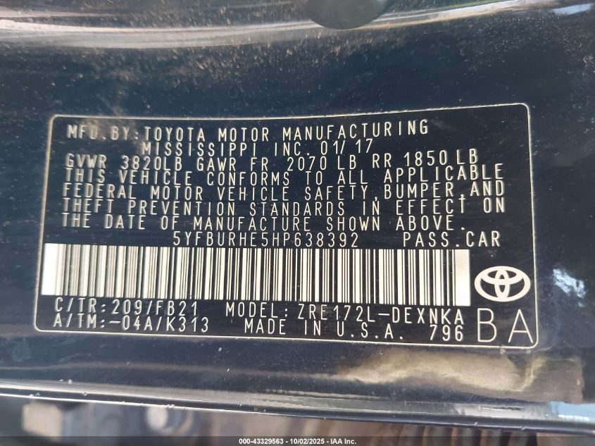 2017 Toyota Corolla Le VIN: 5YFBURHE5HP638392 Lot: 43329563