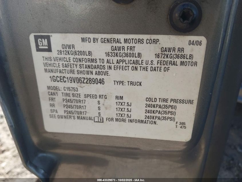 2006 Chevrolet Silverado 1500 Lt1 VIN: 1GCEC19V06Z289046 Lot: 43329573