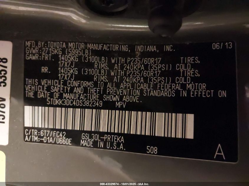 2013 Toyota Sienna Le V6 8 Passenger VIN: 5TDKK3DC4DS382349 Lot: 43329574