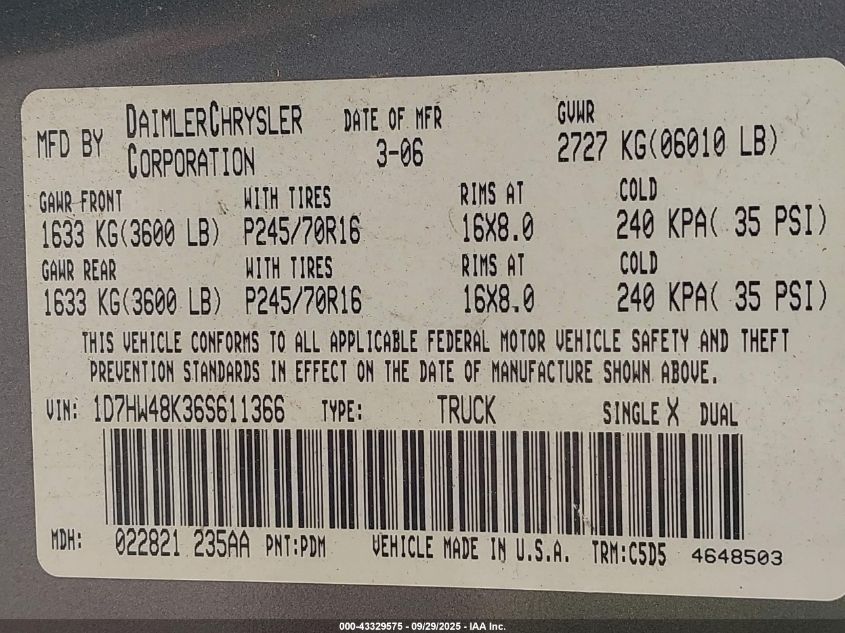 2006 Dodge Dakota Slt VIN: 1D7HW48K36S611366 Lot: 43329575