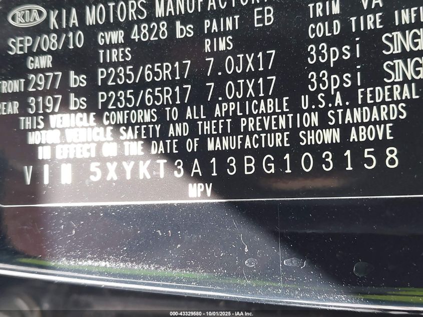 2011 Kia Sorento Lx VIN: 5XYKT3A13BG103158 Lot: 43329580