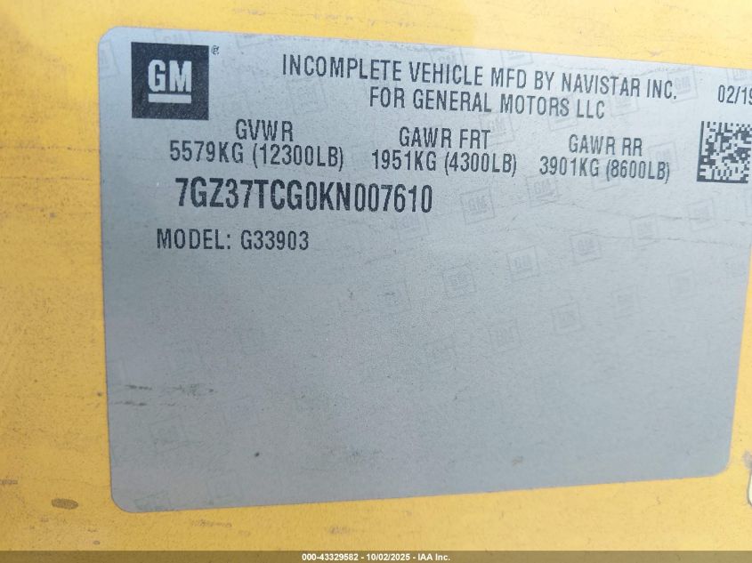 2019 GMC Savana Cutaway Work Van VIN: 7GZ37TCG0KN007610 Lot: 43329582