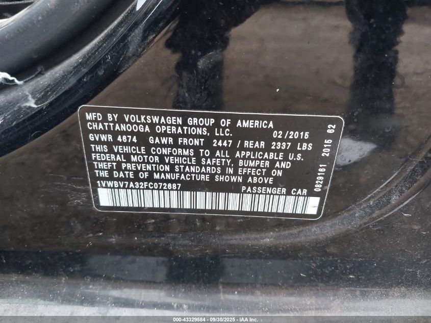 2015 Volkswagen Passat 2.0L Tdi Se VIN: 1VWBV7A32FC072687 Lot: 43329584