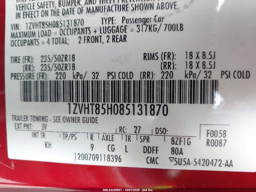 2008 Ford Mustang Gt Deluxe/Gt Premium VIN: 1ZVHT85H085131870 Lot: 43329587
