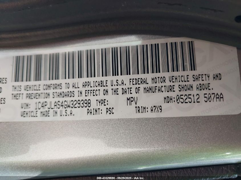 2016 Jeep Cherokee Altitude VIN: 1C4PJLAS4GW329398 Lot: 43329598